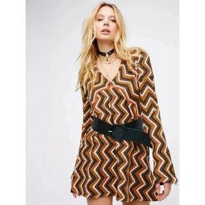 Free People Rhiannon Chevron Wool Blend Sweater Dress Neutral Combo Size S